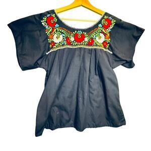 Mexican Puebla Blouse Embroidered Navy Blue Floral Size M